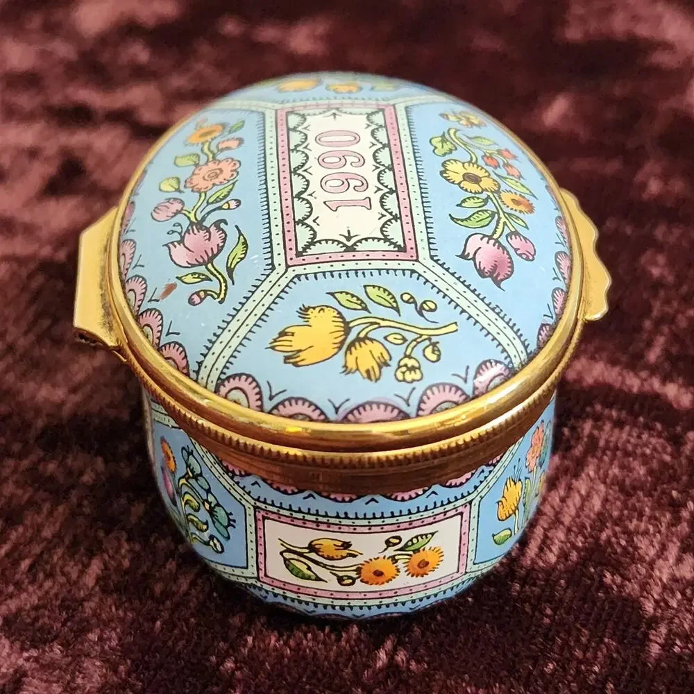Halcyon Days 1990 Enamel Trinket Box Vintage Floral